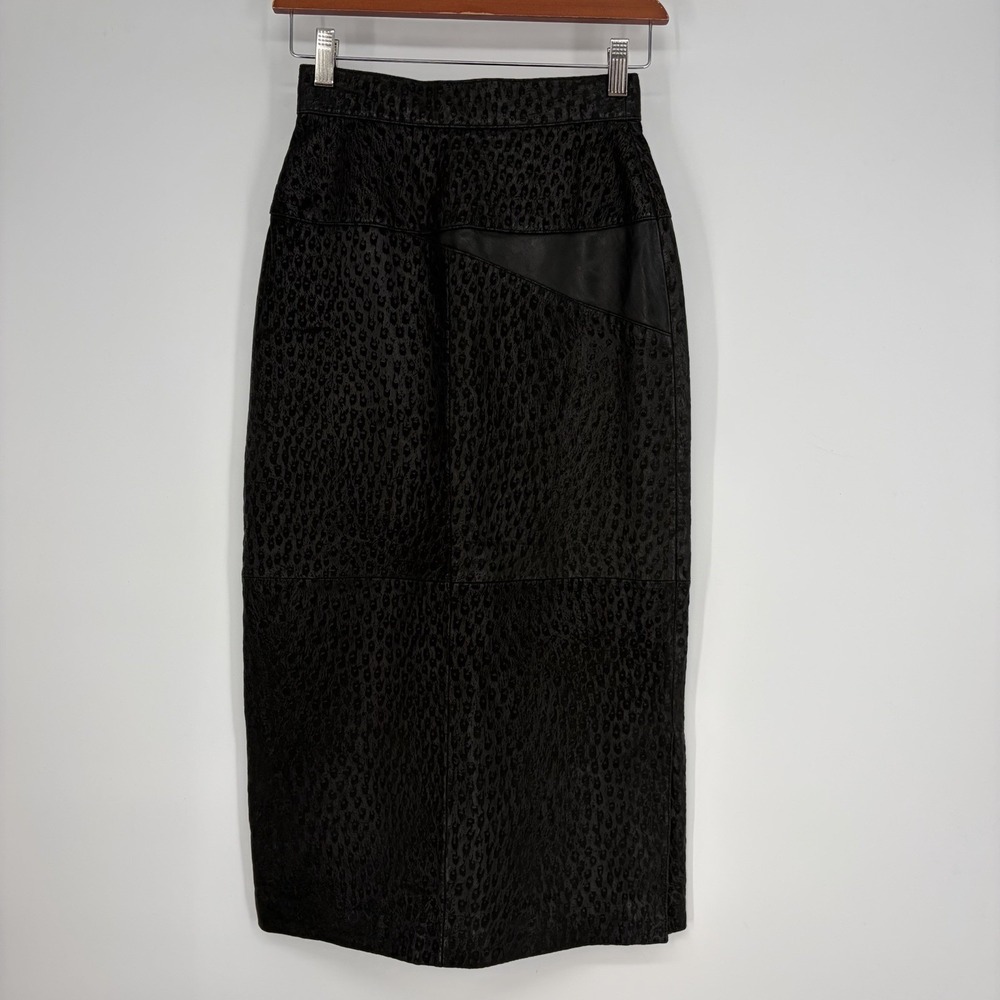 Vtg Black Leather Midi A-Line Skirt 6 (XS) 90s Punk Rocker Punk Pinup Rockabilly